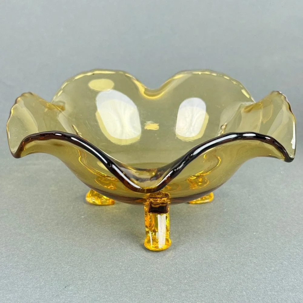 Amber Glass Ruffled Footed Bowl, Decorative Candy Dish Toy